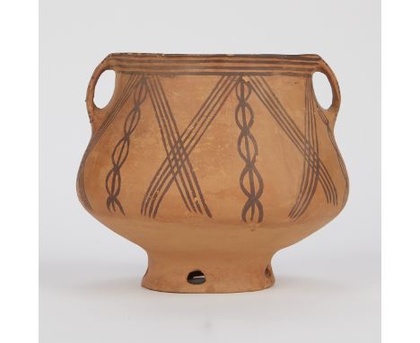 Chinese Neolithic terracotta pot with black decoration. With bisected oval and four lined X designs on the body. Striped desi