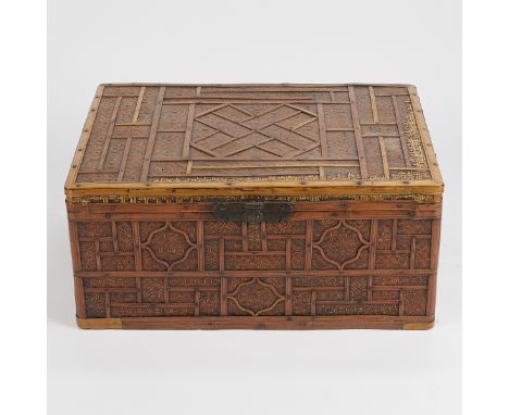 Chinese bamboo woven basketry trunk or chest, late 19th c. Small interwoven bands in a stepped design underneath geometric sl