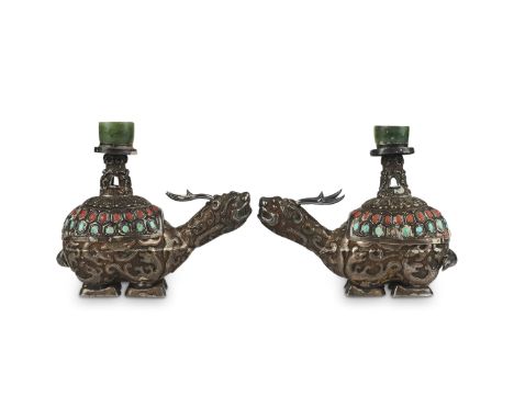 Pair of Chinese Republic period silver candlesticks in the form of the mythological dragon turtle. The shells are decorated w