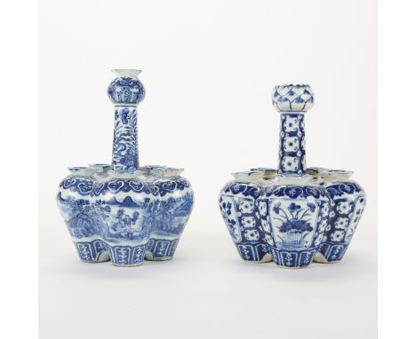 Unmatched pair of 19th c. Chinese export porcelain tulip vases. Each with five openings for flowers. Decorated in blue underg