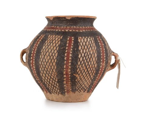 Chinese Neolithic terracotta pot. Decorated red and black stripes to form diamonds and half circle. With two handles. With at