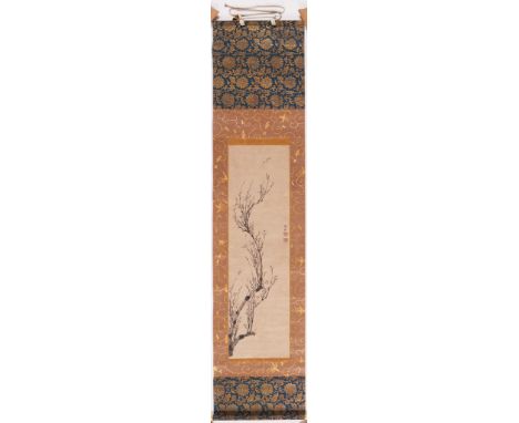 Chinese scroll painting in ink on paper depicting a sinuously formed blossoming branch. The branch is in a graceful style res