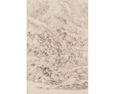 Arnold Chang (Zhang Hong) (American, b. 1954). Hanging scroll painting titled "Mountains," depicting a misty, craggy mountain
