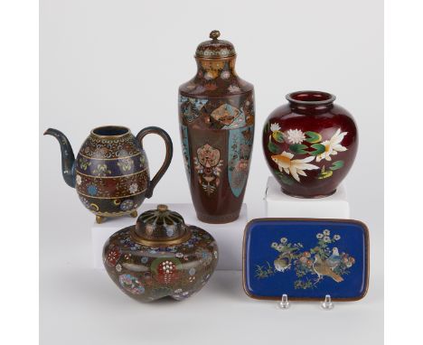 Group of five pieces of Japanese cloisonne. Includes one vase, one lidded vase, one censer, one teapot, and one tray.Height r