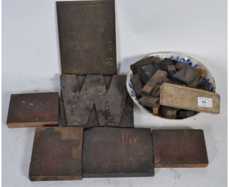 A good group of wooden and copper vintage printers blocks to include letters and numbers along with coaching and transport sc