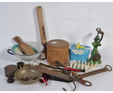 A collection of kitchenalia to include butter paddles , a cork kitchen storage jar , rolling pin , various pots , painted ena