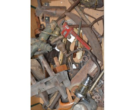 A good collection of vintage 20th Century tools to include woodworking planes , saws , hooks and many others