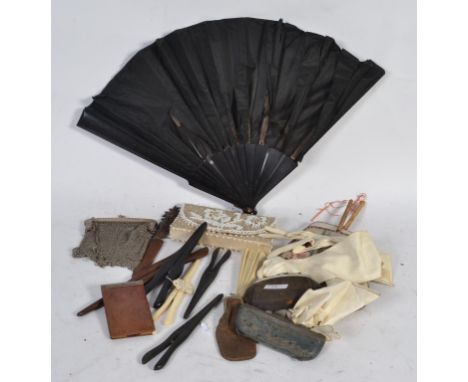 A silver white metal vintage mesh purse and other purses along with a group of vintage glove stretchers to include ivorine ex