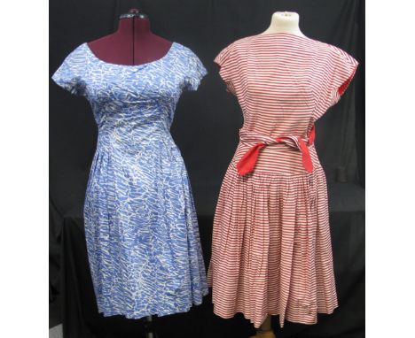 Selection of 1950's-60's Frank Usher dresses together with red and white striped 1950's cotton Horrockses dress with tie up b