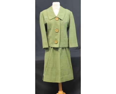 1960's Pierre Cardin ready to wear by Berg of Mayfair green wool skirt suit with Joan, Market St label Nottingham. Together w