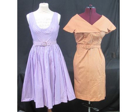 Five cotton 1950's summer dresses to include: lilac belted dress with lace insert, Mericana by Linzi floral patterned lilac d