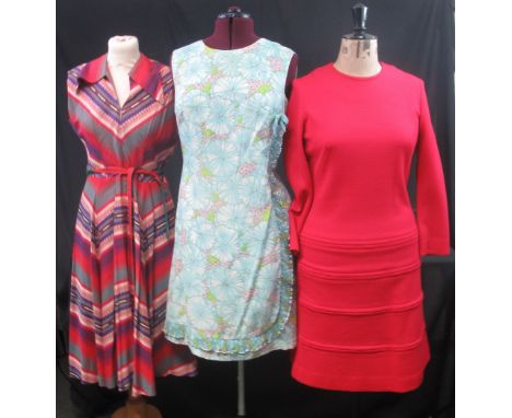 Six vintage 60's/70's dresses to include: Charles Creed London woollen knitted red mod dress, Sidgreen of London button up fl