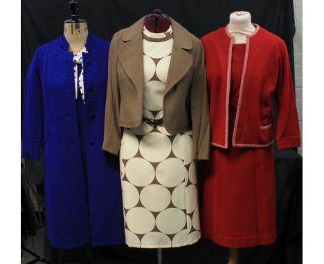 Six vintage 60's-70's dress suits to include: Ravens model cream and brown belted spotty shift dress with matching brown jack