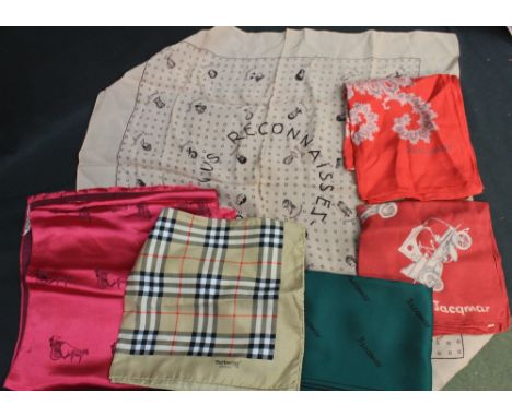 Collection of vintage scarves to include: four Jacqmar scarves (2 red, one with motorcar decoration, other paisley decoration