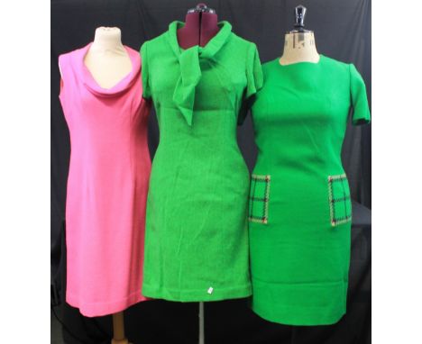 Six vintage 60's/70's woollen shift dresses to include: grey check 3/4 sleeve Montego Bay (16) dress, green short sleeve Vict