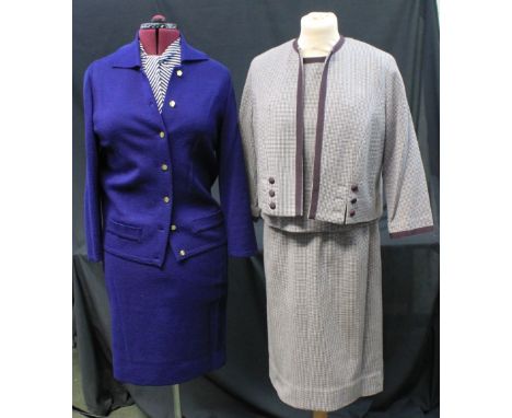 A collection of vintage 60's/70's clothing to include: a Pigalle Tricot deluxe brown skirt suit, a purple Jintys woollen matc