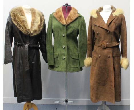 A collection of vintage clothing (60's-70's) to include: a brown cord coat with faux fur collar and hood, a 60's mod style mu