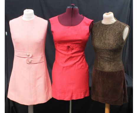 Collection three vintage 60's minidresses, two with matching coats to include: a gold and brown sleeveless mini dress with ve