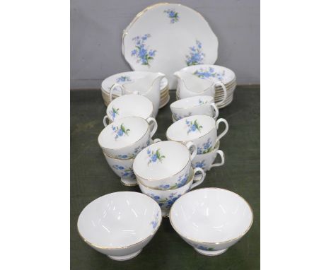 A ten setting Royal Albert Forget Me Not tea set; ten tea cups, saucers and tea plates, two cream jugs, sugar bowls and cake 