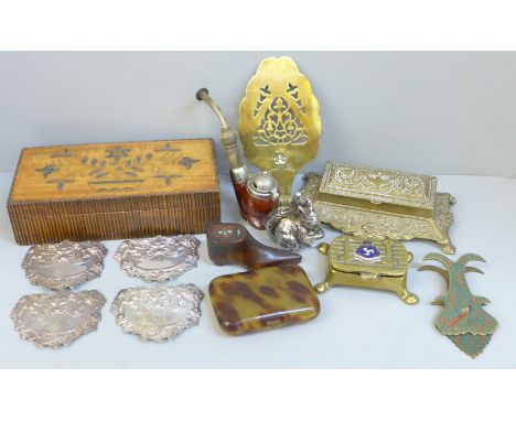 A wooden shoe snuff box, brass stamp holder, etc. 