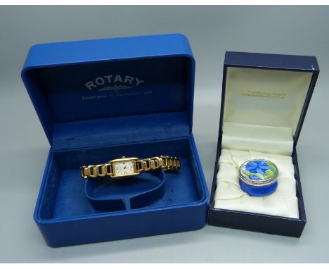 A Moorcroft enamel pot and a lady's Rotary wristwatch, boxed 