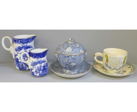 Two Royal Worcester blue and white jugs, one a/f, a God Speed The Plough cup and saucer, chip to rim of cup and a Deans Lucer