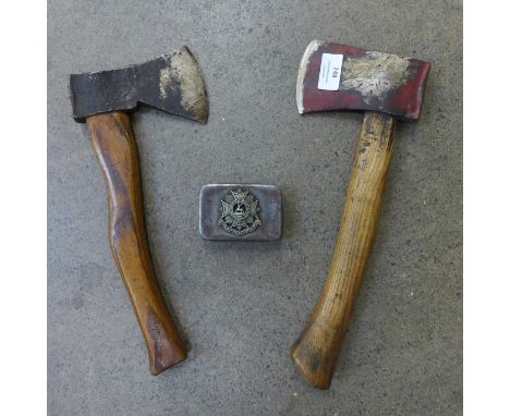 A WWII German foot soldier's axe, a Pioneer axe and an Army tin 