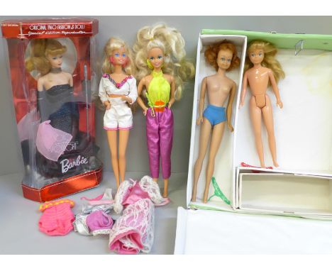 Vintage Mattel Barbie/Midge/Skipper dolls, case and Special Edition Reproduction Barbie (boxed) 