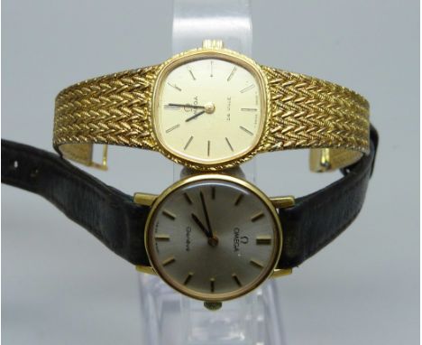 Two lady's Omega wristwatches, one with bracelet stamped silver 925, the other with a leather strap and Omega buckle 