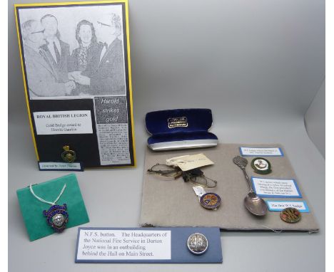 A 9ct gold Royal British Legion badge award to Harold Gamble, other British Legion badges and W.I. badges, spoons and N.F.S. 