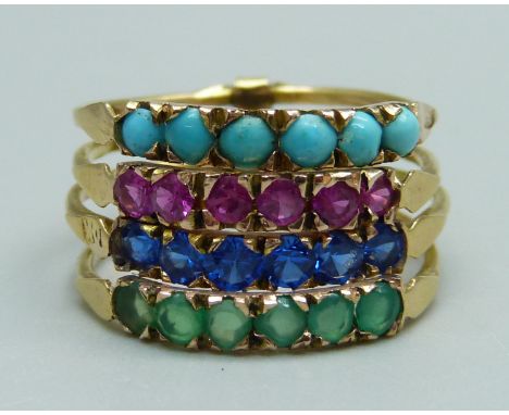 A yellow metal and multi-gem ring, 4.3g, M, (tests as high carat) 