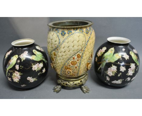 A Pair of Burslem Noir Globular Vases, decorated with birds amongst foliage together with a Victorian brass mounted oil lamp 