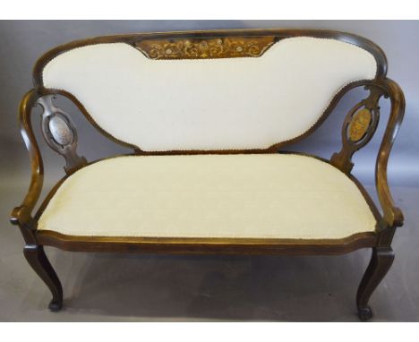 An Edwardian Mahogany Marquetry Inlaid Drawing Room Sofa, the partly upholstered and inlaid back above a padded seat with dou