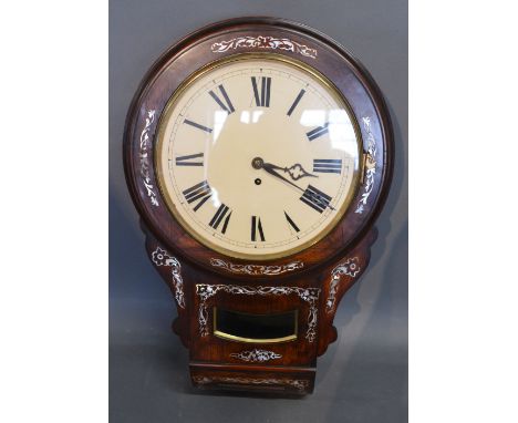 A 19th Century Rosewood and Mother of Pearl Inlaid Drop Dial Wall Clock, the dial with Roman numerals and single fusee moveme