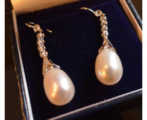 A Pair of 18ct. White Gold Pearl and Rose Cut Diamond Drop Earrings, the pearl 7.87mm, the diamond 0.38ct.