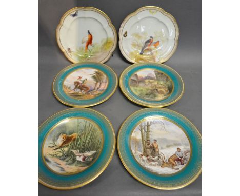 A Set of Four Royal Worcester Cabinet Plates, together with a pair of porcelain cabinet plates decorated with birds amongst f