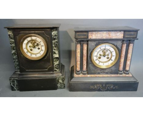 A Victorian Black Slate and Rouge Marble Mantle Clock with visible escapement, together with another similar black slate and 