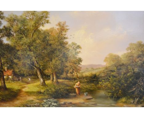 K Douglas, HUNTSMAN WITH RETRIEVER WITHIN A RURAL SETTING BEFORE A LAKE and FIGURE WASHING BY A STREAMA Pair of Oils on Canva