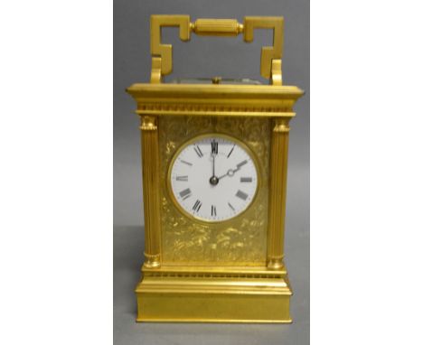 A Large French Brass Cased Carriage Clock with Repeater Movement, the enamel dial inscribed Hunt and Roskell, London and with
