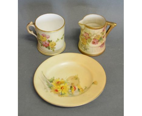 A Royal Worcester Blush Ivory Small Mug hand painted with summer flowers and highlighted with gilt together with a similar Ro