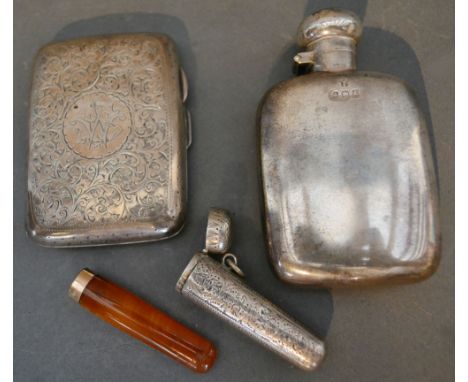 A Small Edwardian Silver Hip Flask, Birmingham 1908, together with a Birmingham silver cigarette case and a Birmingham silver