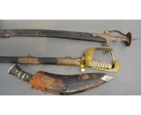 An Officer's Sword with Leather Scabbard (a/f) together with an Arabic sword and a kukri knife