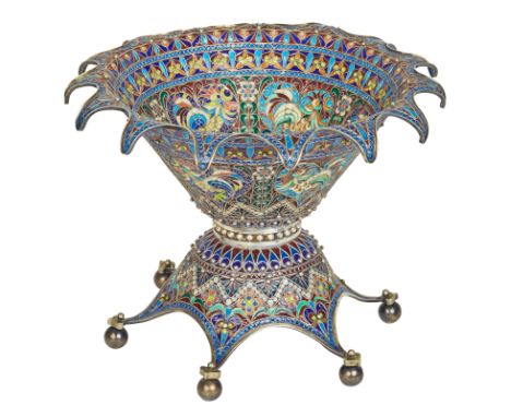  A RUSSIAN SILVER AND PLIQUE-A-JOUR ENAMEL TAZZA, MARKED KHLEBNIKOV WITH IMPERIAL WARRANT, MOSCOW, CIRCA 1890  With a deep bo