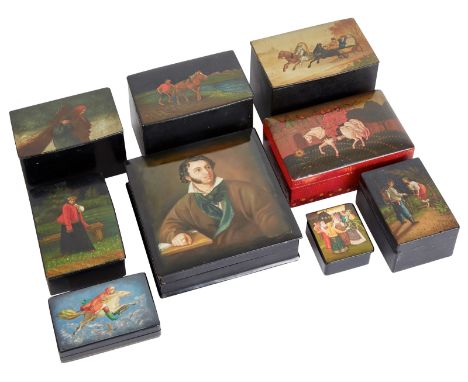 A GROUP OF 9 RUSSIAN LACQUER BOXES FEATURING SCENES FROM RURAL LIFE, FAIRY TALES, AND A PORTRAIT OF PUSHKIN, FEDOSKINO  All 