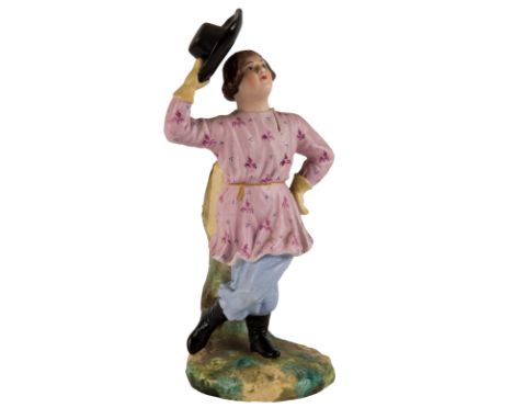  A RUSSIAN PORCELAIN FIGURE OF A DANCING PEASANT BOY, KORNILOV BROTHERS PORCELAIN FACTORY, SAINT PETERSBURG, 1843-1861  The b