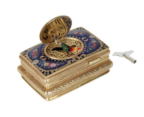  AN ANTIQUE GILT BRASS AND ENAMEL MUSIC BOX WITH A SINGING BIRD, 19-20TH CENTURY  Of bombe form, the body extensively decorat