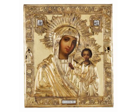  A RUSSIAN ICON OF THE KAZANSKAYA MOTHER OF GOD IN A SILVER OKLAD WITH ENAMEL APPLIQUES, MOSCOW, CIRCA 1824  Chased and  repo