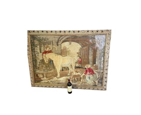 Large framed and glazed tapestry of period courtyard scene of a cavalier man and horse  85cm x 118cm 