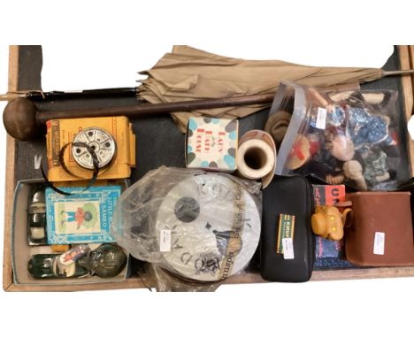 A mixed house clearance of collectables to include vintage old toys, an Edwardian parasol, and stick, tourist dolls, and old 