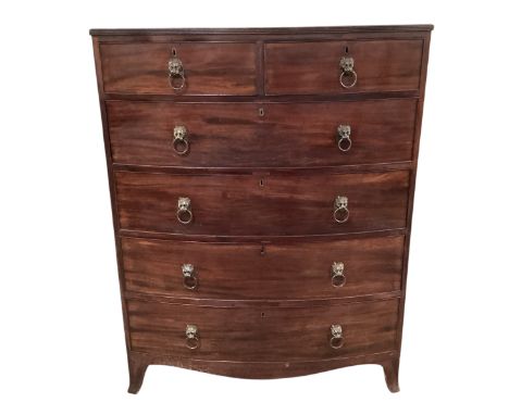 A good bow fronted mahogany chest of two short and four long drawers with lion head ring handles.&nbsp; 137 H x 59 cm D x 108